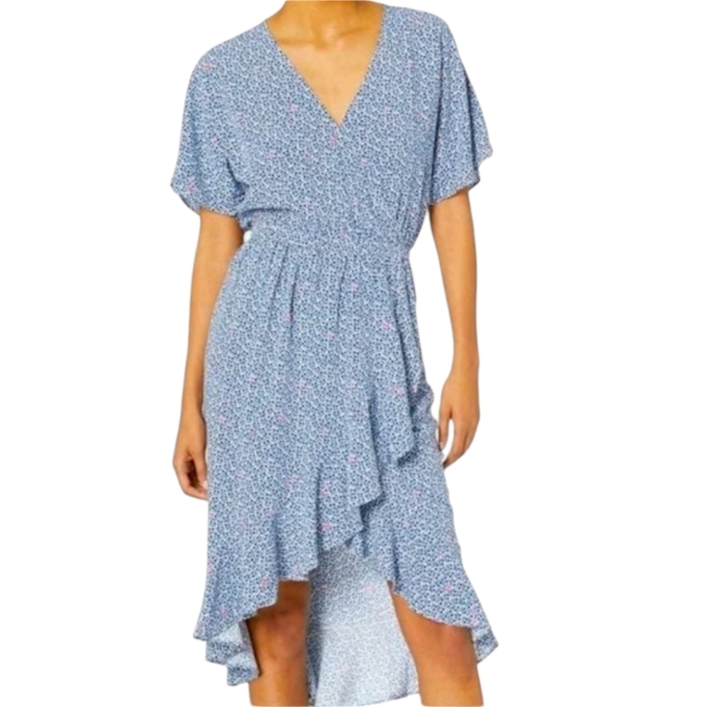 J. Crew Dress Blue High Low Sundress Flutter Sleeves Faux Wrap V-Neck Sz XL